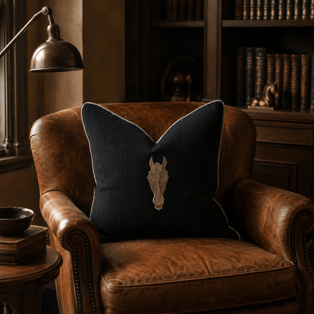 BHD HOME featurecushion Horse Head Black & Natural Handmade Metal Embellished Cushion Cover