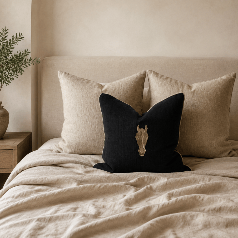 BHD HOME featurecushion Horse Head Black & Natural Handmade Metal Embellished Cushion Cover