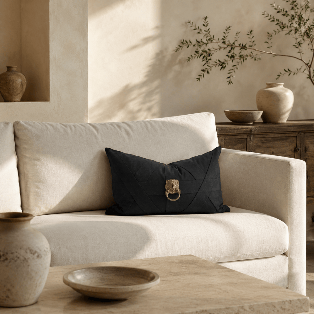 BHD HOME featurecushion Lion Head Gold Black Handmade Metal Embellished Lumbar Cushion
