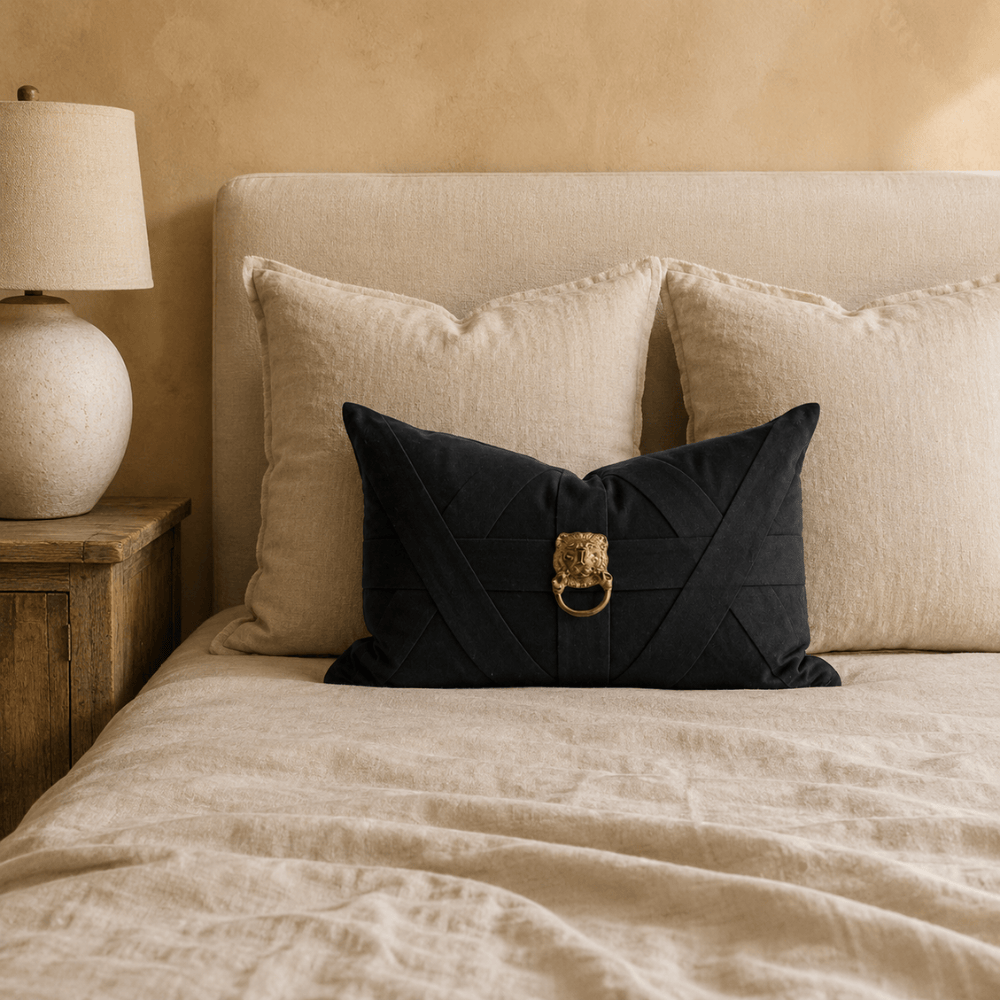 BHD HOME featurecushion Lion Head Gold Black Handmade Metal Embellished Lumbar Cushion
