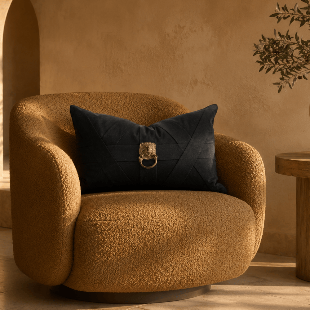 BHD HOME featurecushion Lion Head Gold Black Handmade Metal Embellished Lumbar Cushion