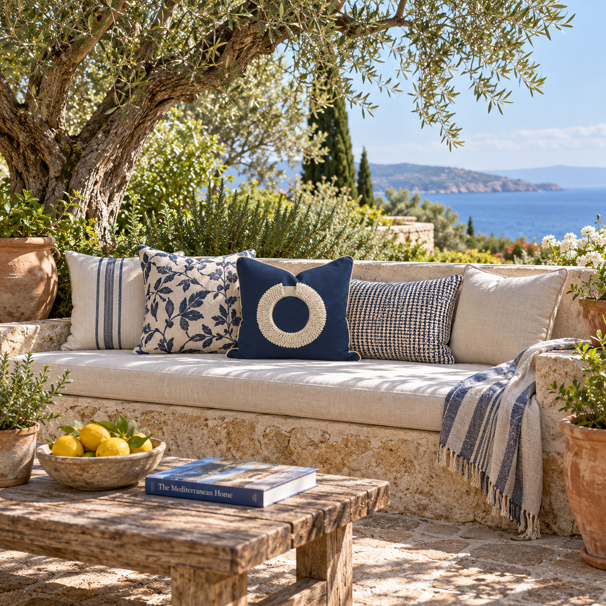 BHD HOME featurecushion Outdoor Shell Ring Navy Handmade Shell Embellished Outdoor Cushion Cover
