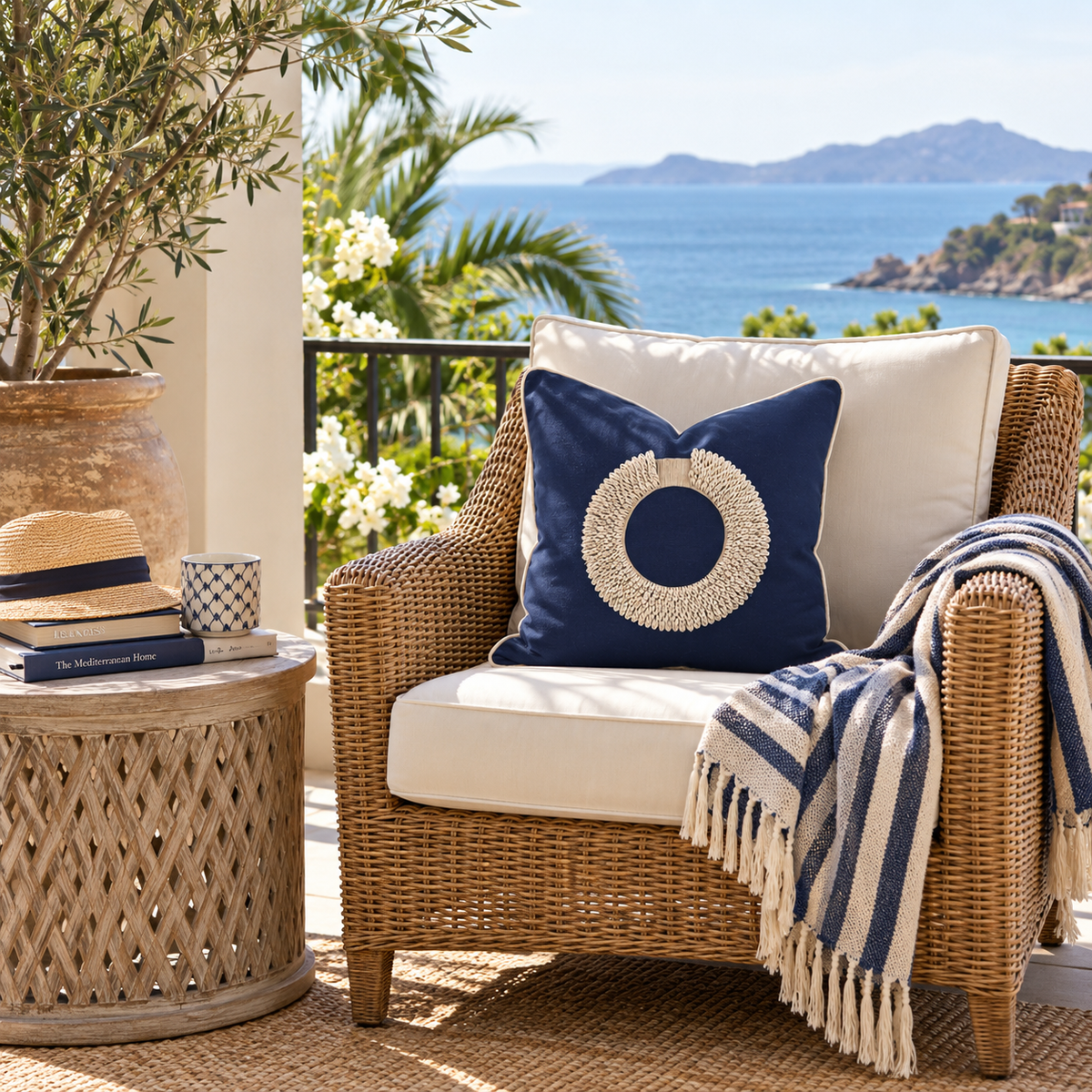 BHD HOME featurecushion Outdoor Shell Ring Navy Handmade Shell Embellished Outdoor Cushion Cover