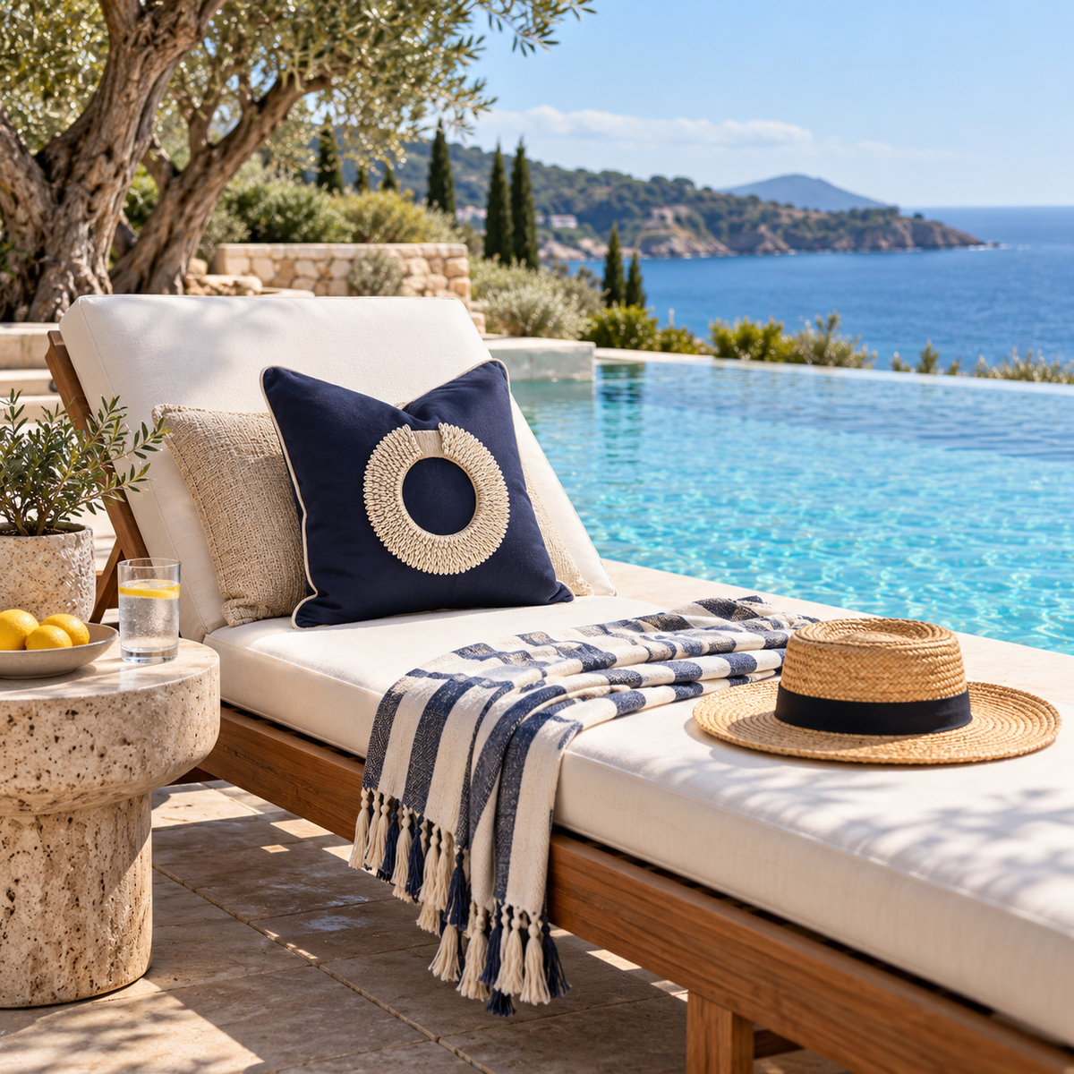 BHD HOME featurecushion Outdoor Shell Ring Navy Handmade Shell Embellished Outdoor Cushion Cover