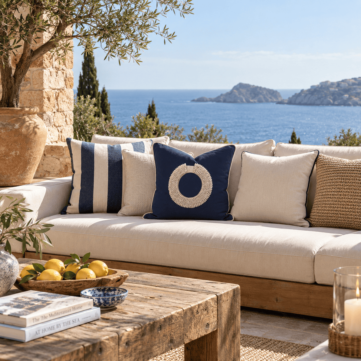 BHD HOME featurecushion Outdoor Shell Ring Navy Handmade Shell Embellished Outdoor Cushion Cover