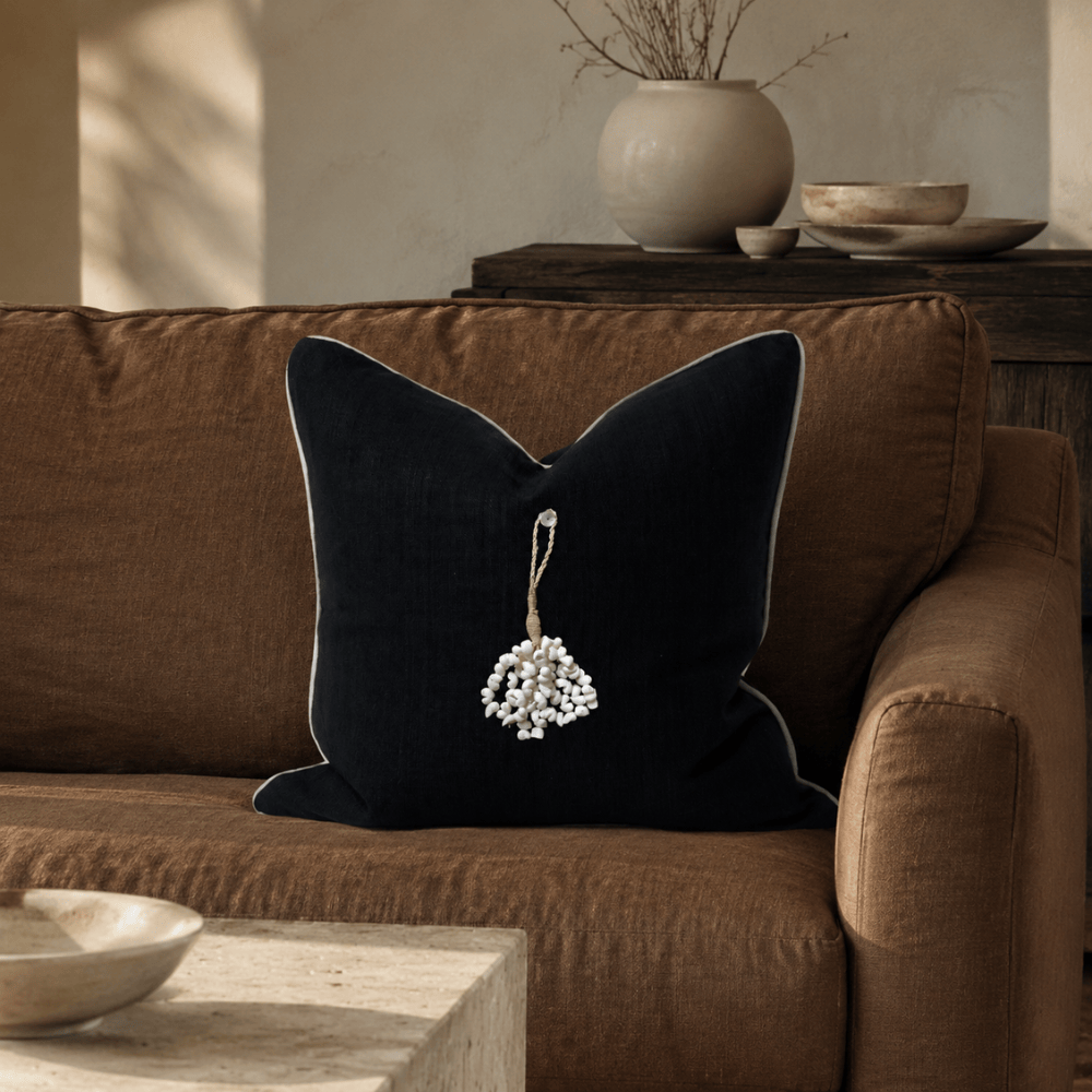 BHD HOME featurecushion Shell Waterfall Black & Natural Handmade Shell Embellished Cushion Cover