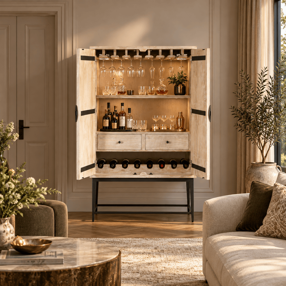 BHD HOME Furniture Ellen Bar Cabinet - Wood Light Whitewashed