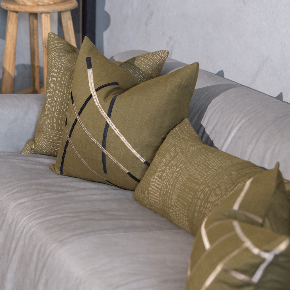 BHD HOME Gudri Patch Olive Long Lumbar Cushion 35 x 90cm