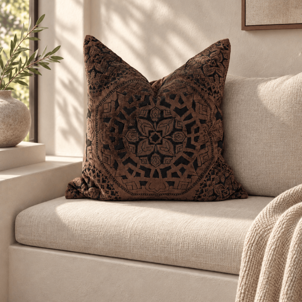BHD HOME Lounge Cushion Alhambra Choc Handmade Hand Cut Velvet Cushion Cover