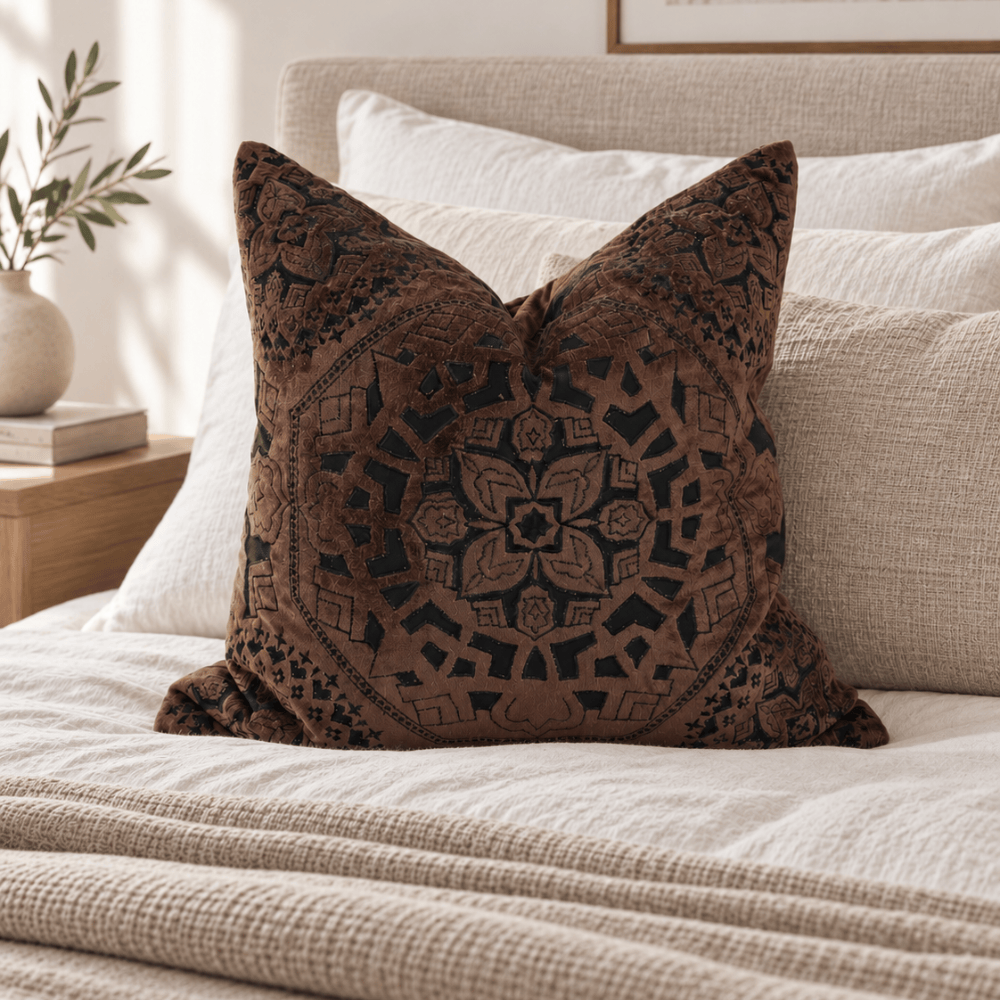 BHD HOME Lounge Cushion Alhambra Choc Handmade Hand Cut Velvet Cushion Cover