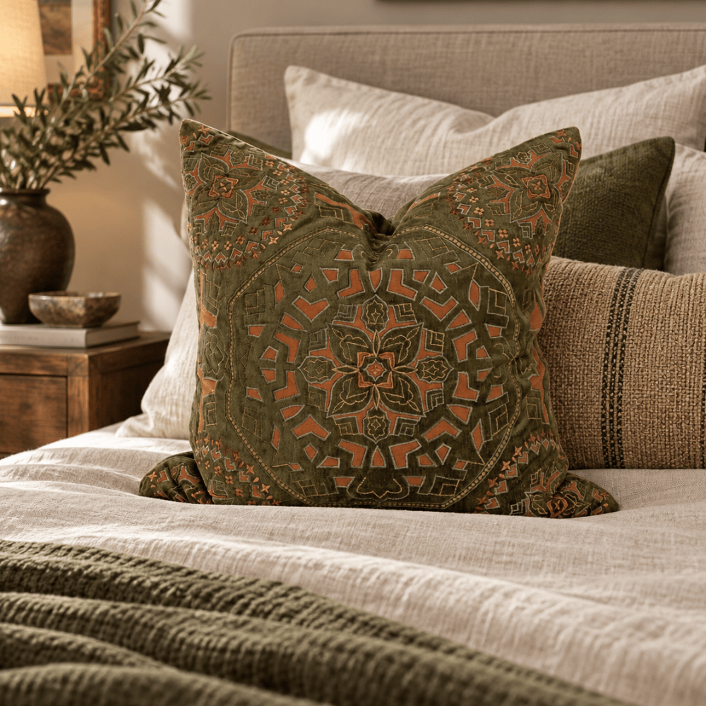 BHD HOME Lounge Cushion Alhambra Olive Handmade Hand Cut Velvet Cushion Cover