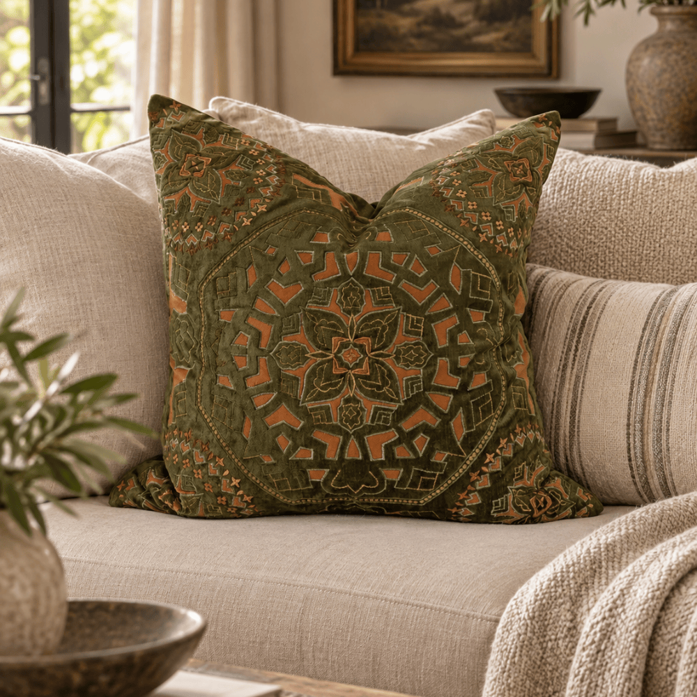BHD HOME Lounge Cushion Alhambra Olive Handmade Hand Cut Velvet Cushion Cover