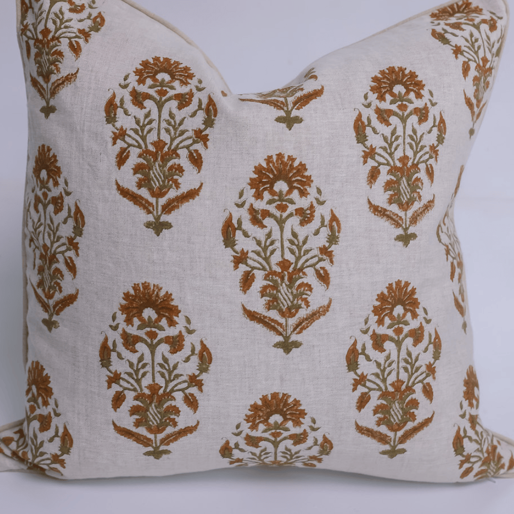 BHD HOME Lounge Cushion Block Print Boteh Ochre & Olive Piped Linen Lounge Cushion 55 x 55cm