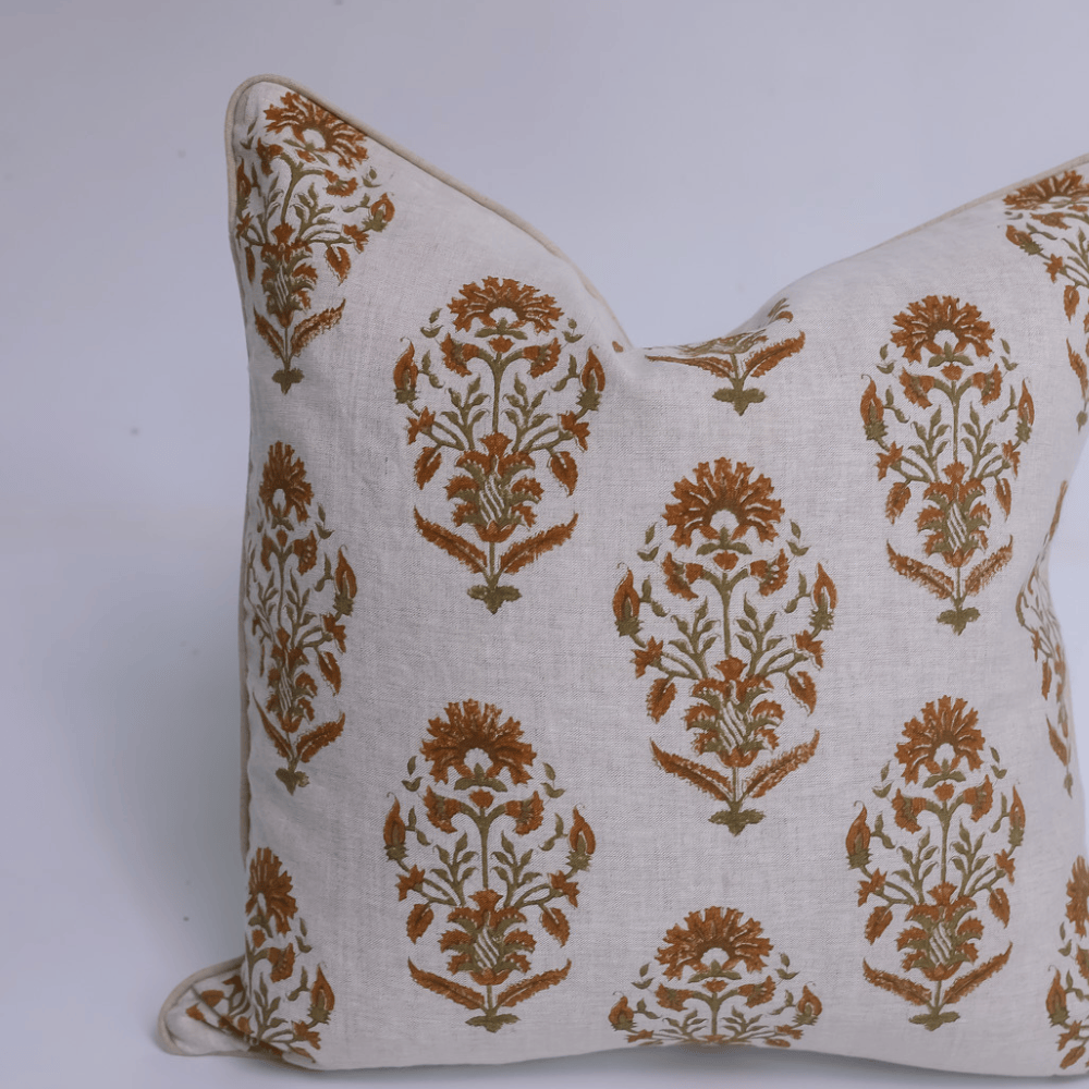 BHD HOME Lounge Cushion Block Print Boteh Ochre & Olive Piped Linen Lounge Cushion 55 x 55cm