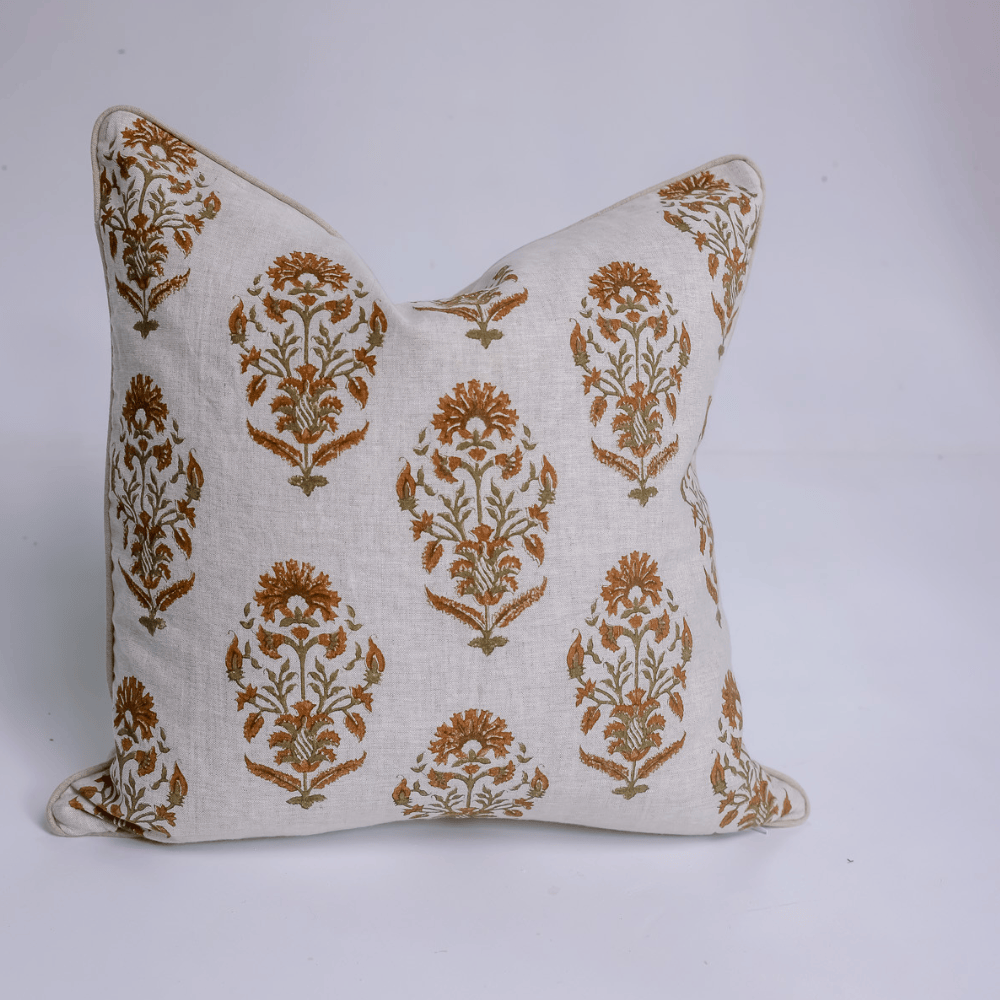 BHD HOME Lounge Cushion Block Print Boteh Ochre & Olive Piped Linen Lounge Cushion 55 x 55cm