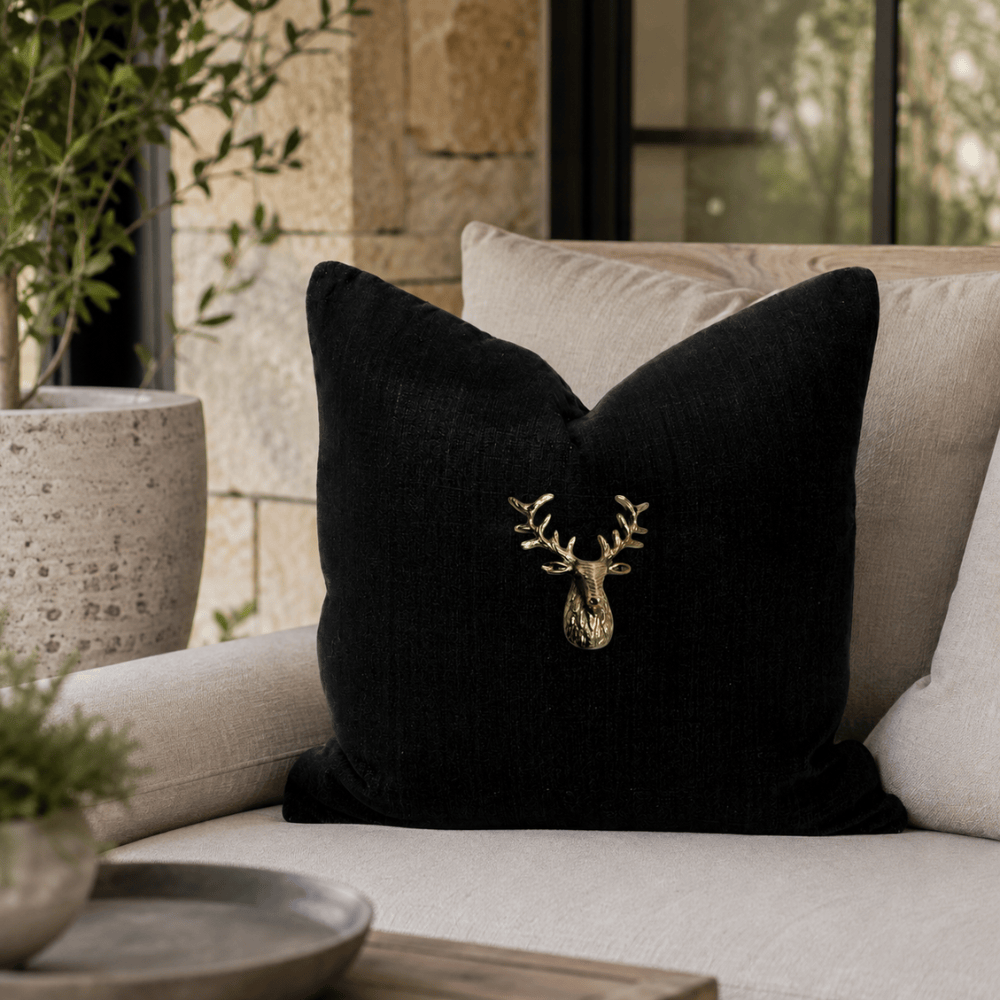 BHD HOME Lounge Cushion Deer Head Black Handmade Brass Embellished Cushion Cover