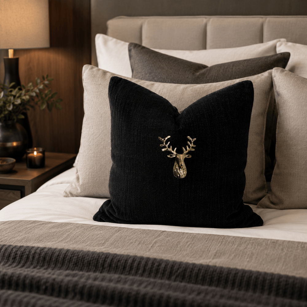 BHD HOME Lounge Cushion Deer Head Black Handmade Brass Embellished Cushion Cover