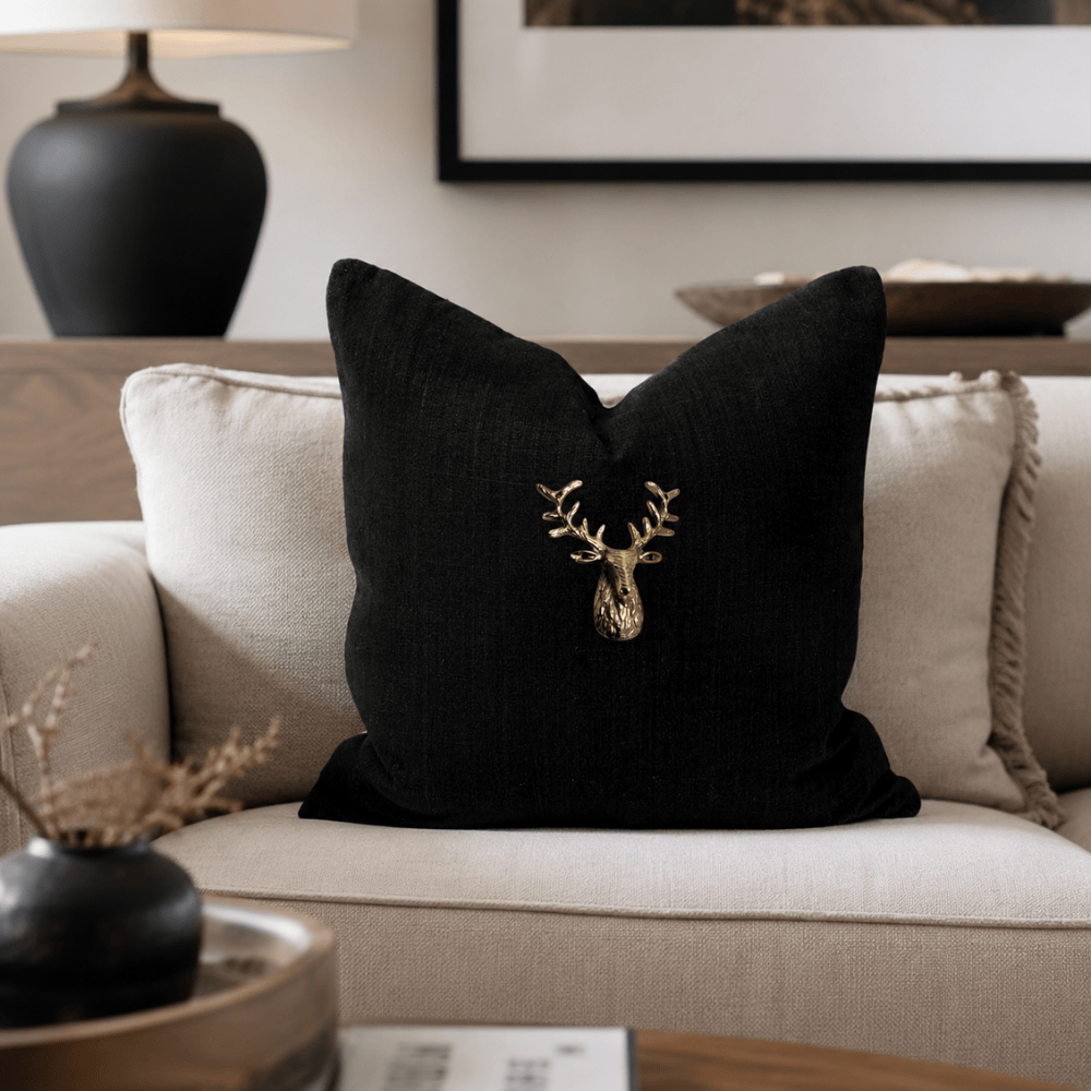 BHD HOME Lounge Cushion Deer Head Black Handmade Brass Embellished Cushion Cover