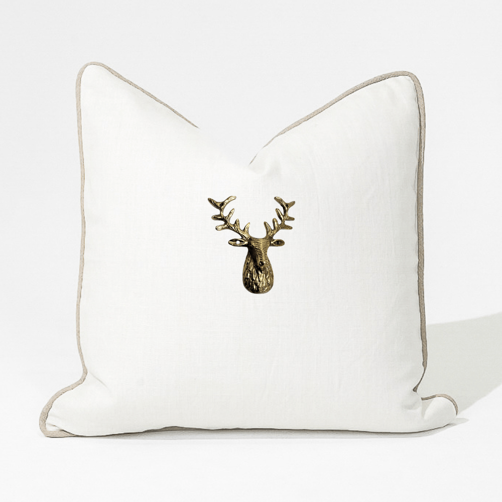 BHD HOME Lounge Cushion Deer Head White Handmade Brass Embellished Cushion Cover