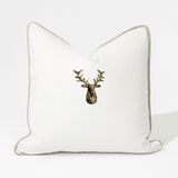 Deer Head White Handmade Brass Embellished Cushion Cover