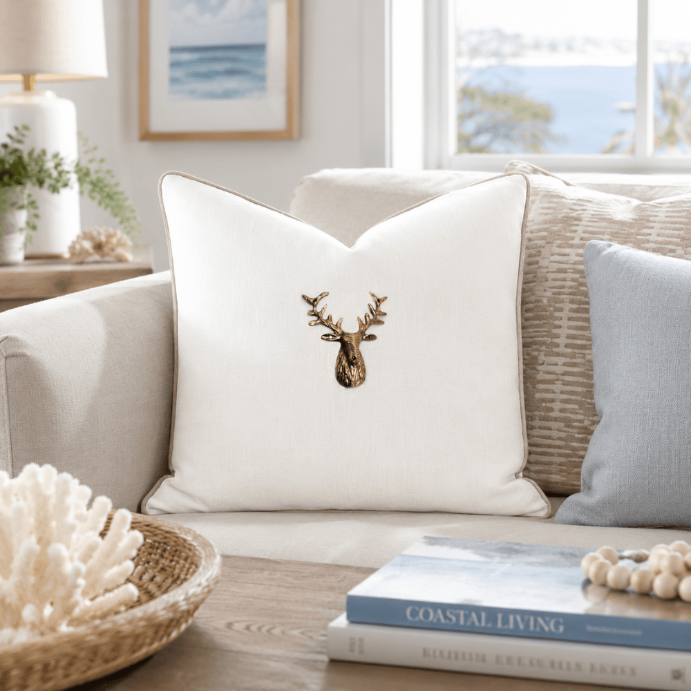 BHD HOME Lounge Cushion Deer Head White Handmade Brass Embellished Cushion Cover