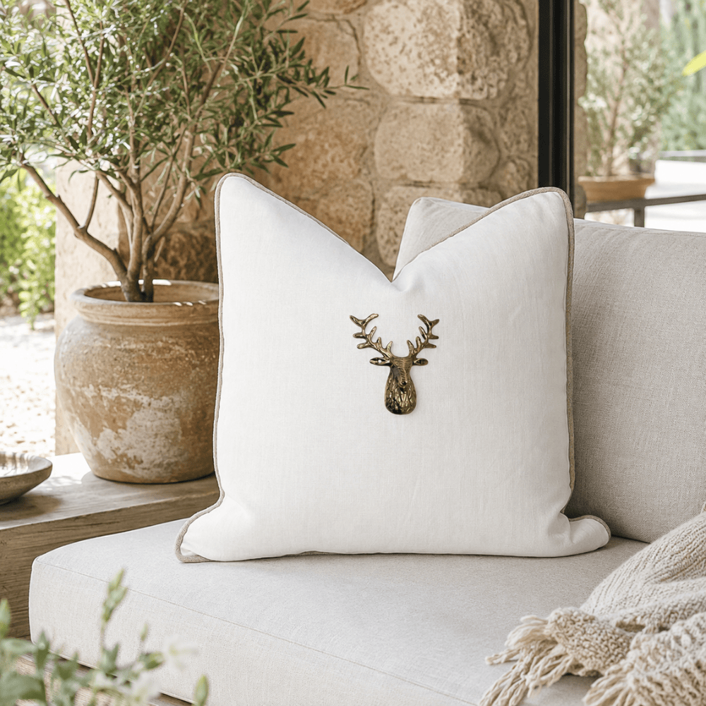 BHD HOME Lounge Cushion Deer Head White Handmade Brass Embellished Cushion Cover