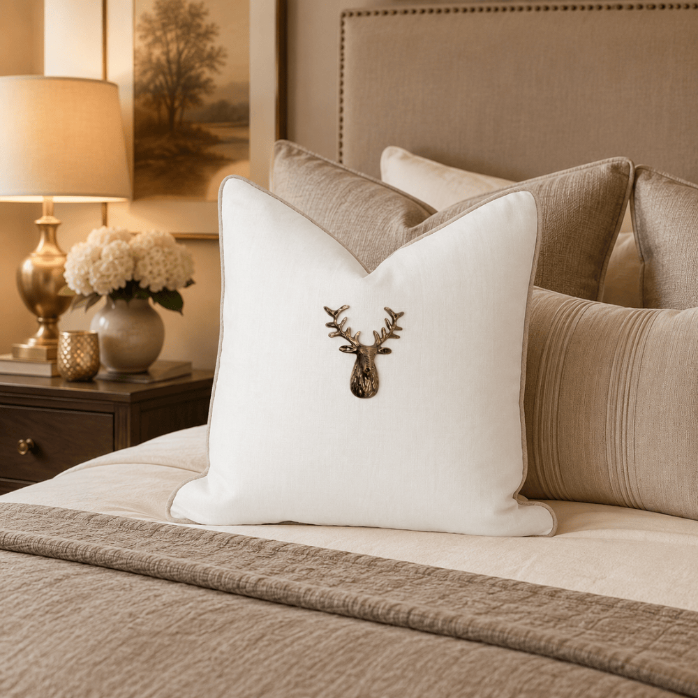 BHD HOME Lounge Cushion Deer Head White Handmade Brass Embellished Cushion Cover