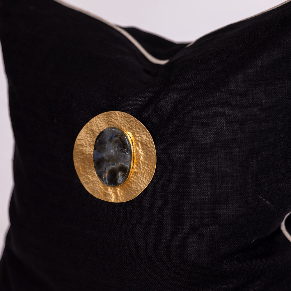BHD HOME Lounge Cushion Gem Labradorite Black Handmade Brass Embellished Cushion Cover