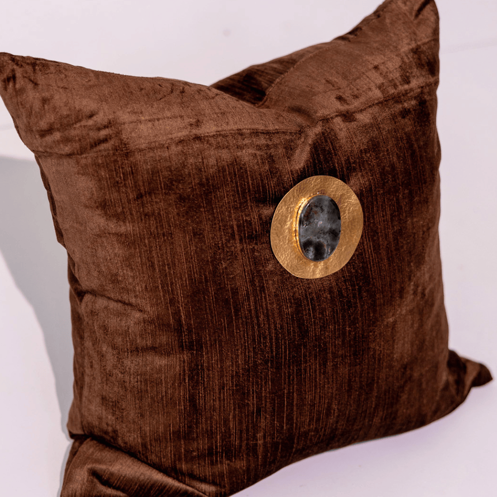 BHD HOME Lounge Cushion Gem Labradorite Choc Velvet Handmade Brass Embellished Cushion Cover