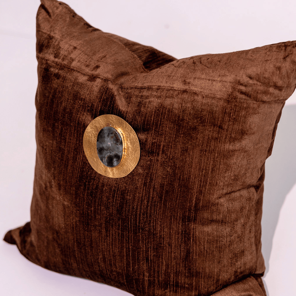BHD HOME Lounge Cushion Gem Labradorite Choc Velvet Handmade Brass Embellished Cushion Cover