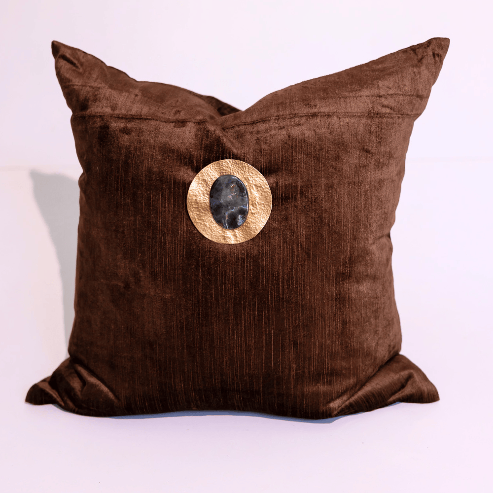 BHD HOME Lounge Cushion Gem Labradorite Choc Velvet Handmade Brass Embellished Cushion Cover