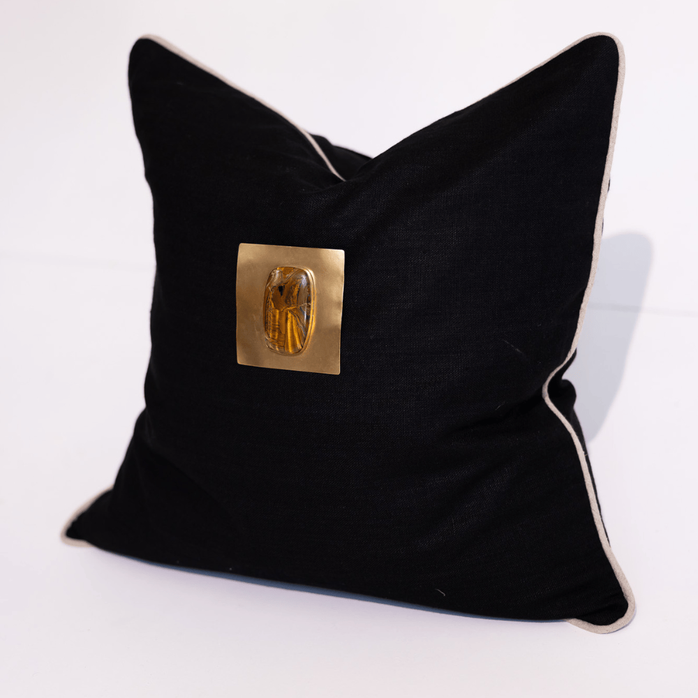 BHD HOME Lounge Cushion Gem Tiger's Eye Black Handmade Brass Embellished Cushion Cover