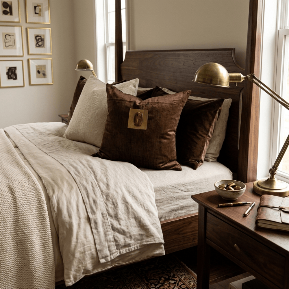BHD HOME Lounge Cushion Gem Tiger's Eye Choc Velvet Handmade Brass Embellished Cushion Cover