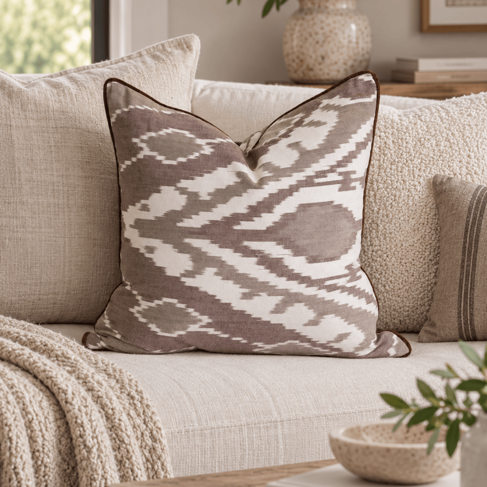 BHD HOME Lounge Cushion Ikat Bukhara Mushroom Handwoven Ikat Cushion Cover