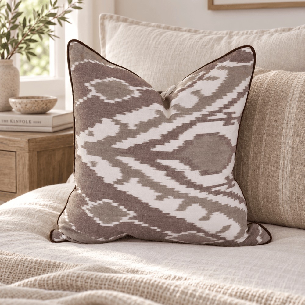 BHD HOME Lounge Cushion Ikat Bukhara Mushroom Handwoven Ikat Cushion Cover