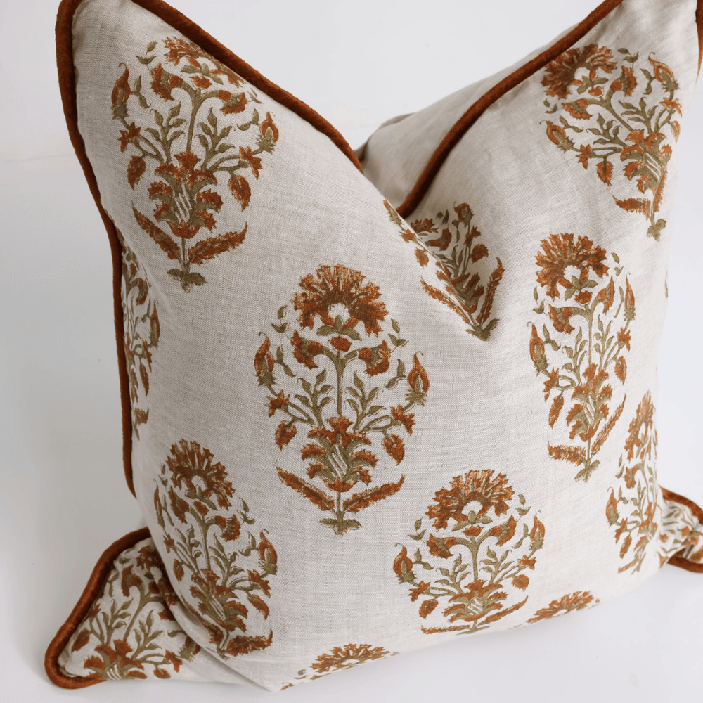 BHD HOME Lounge Cushion Marigold Rust Hand Block Printed Linen Cushion Cover