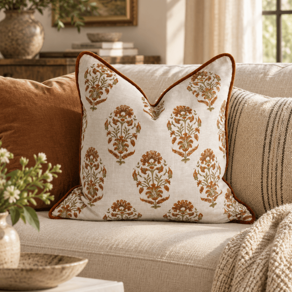 BHD HOME Lounge Cushion Marigold Rust Hand Block Printed Linen Cushion Cover