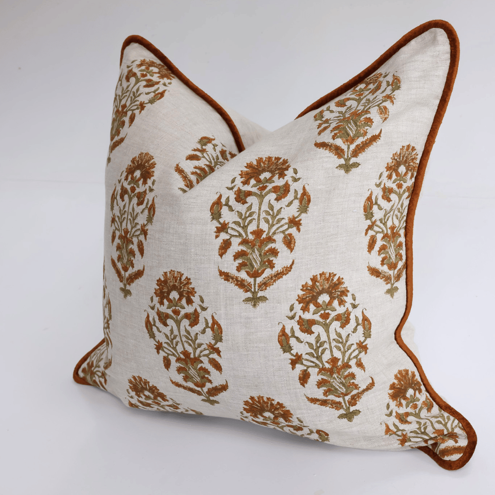 BHD HOME Lounge Cushion Marigold Rust Hand Block Printed Linen Cushion Cover