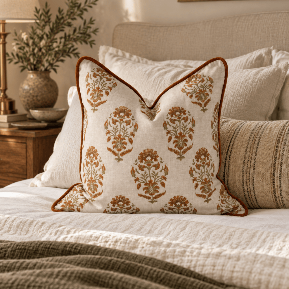 BHD HOME Lounge Cushion Marigold Rust Hand Block Printed Linen Cushion Cover