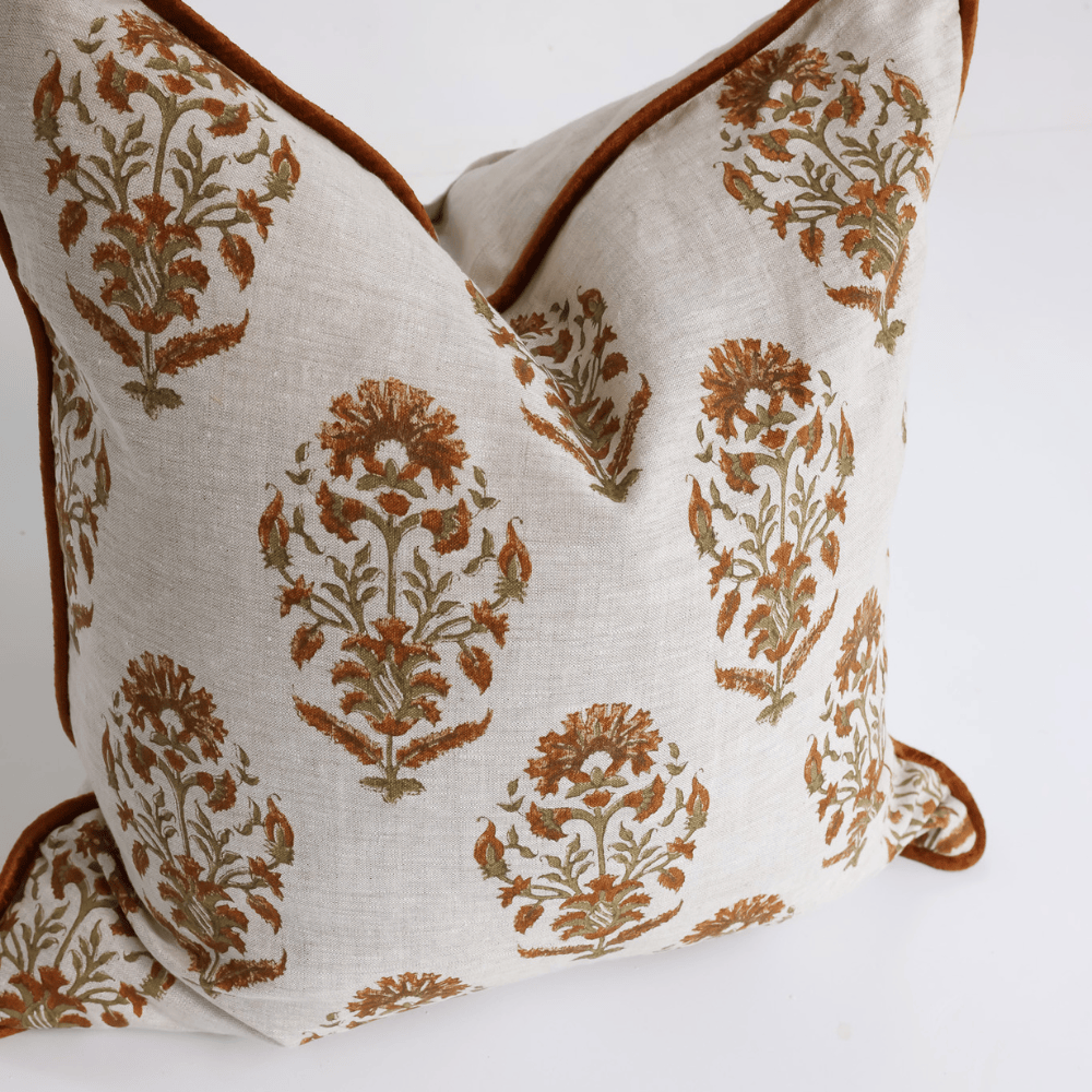 BHD HOME Lounge Cushion Marigold Rust Hand Block Printed Linen Cushion Cover