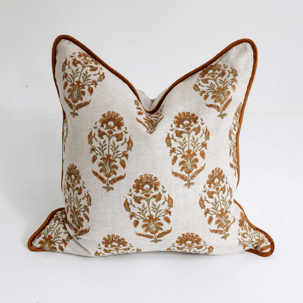 BHD HOME Lounge Cushion Marigold Rust Hand Block Printed Linen Cushion Cover