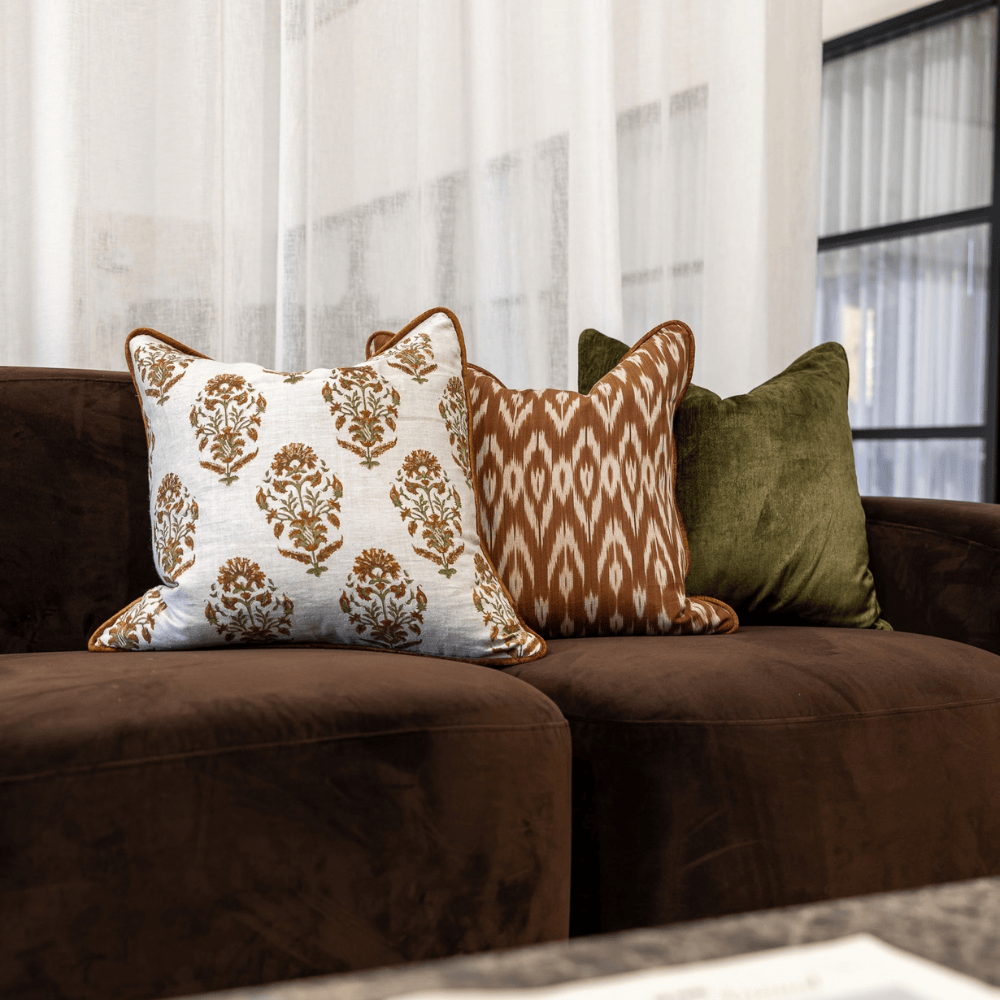 BHD HOME Lounge Cushion Marigold Rust Hand Block Printed Linen Cushion Cover