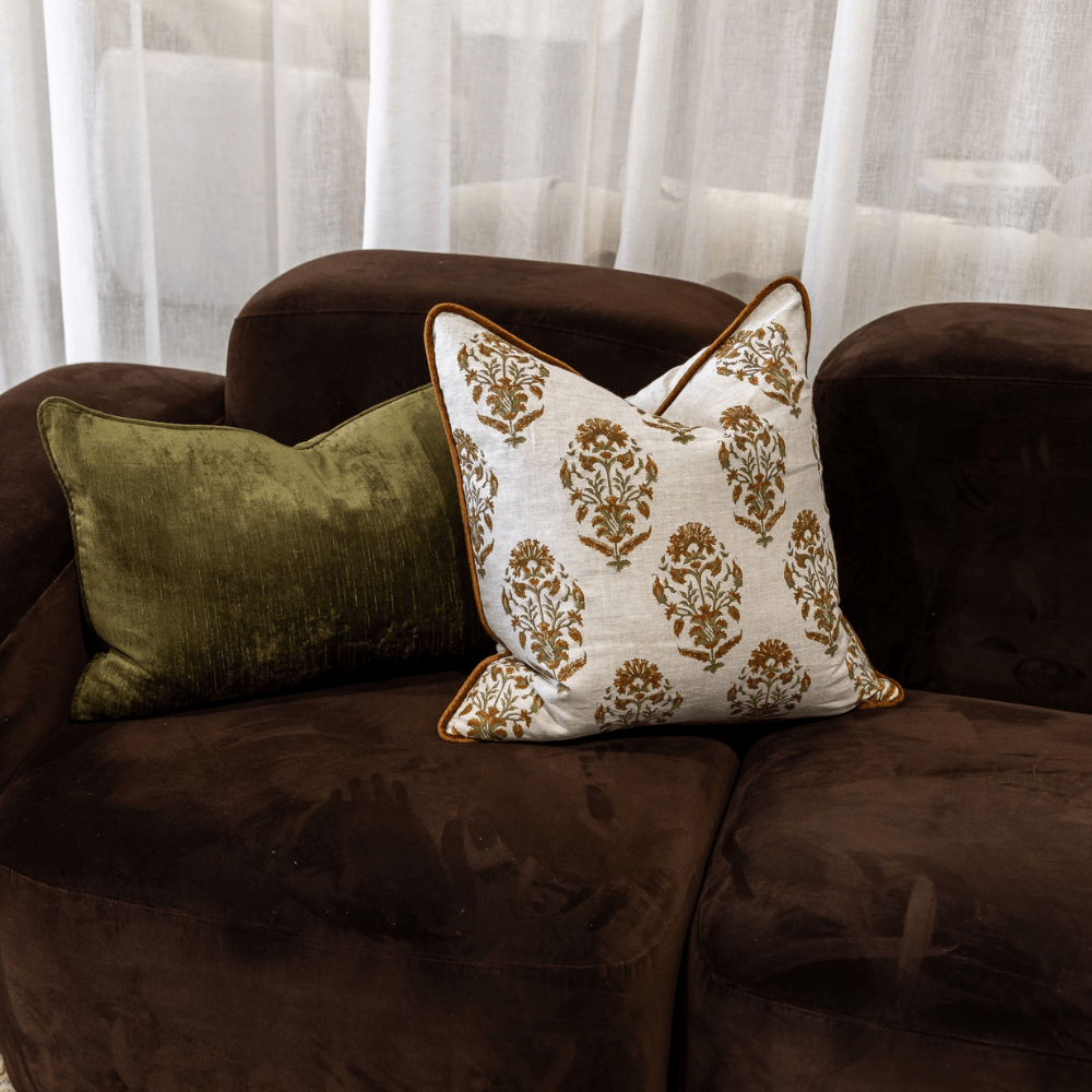 BHD HOME Lounge Cushion Marigold Rust Hand Block Printed Linen Cushion Cover
