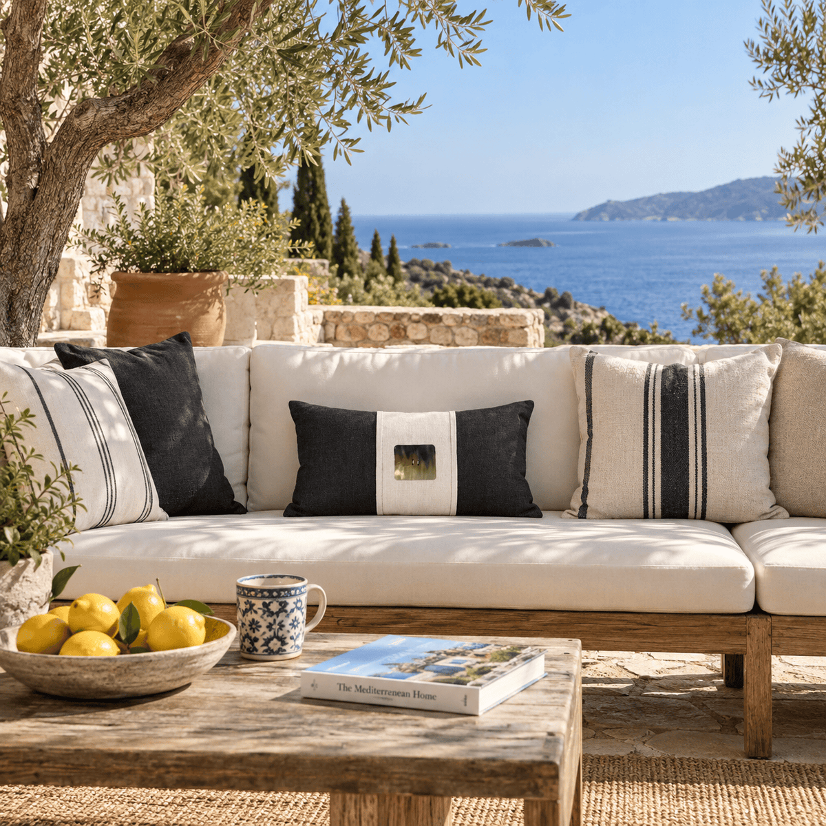 BHD HOME Lounge Cushion Outdoor Horn Button Black & Natural Handmade Embellished Outdoor Lumbar Cushion