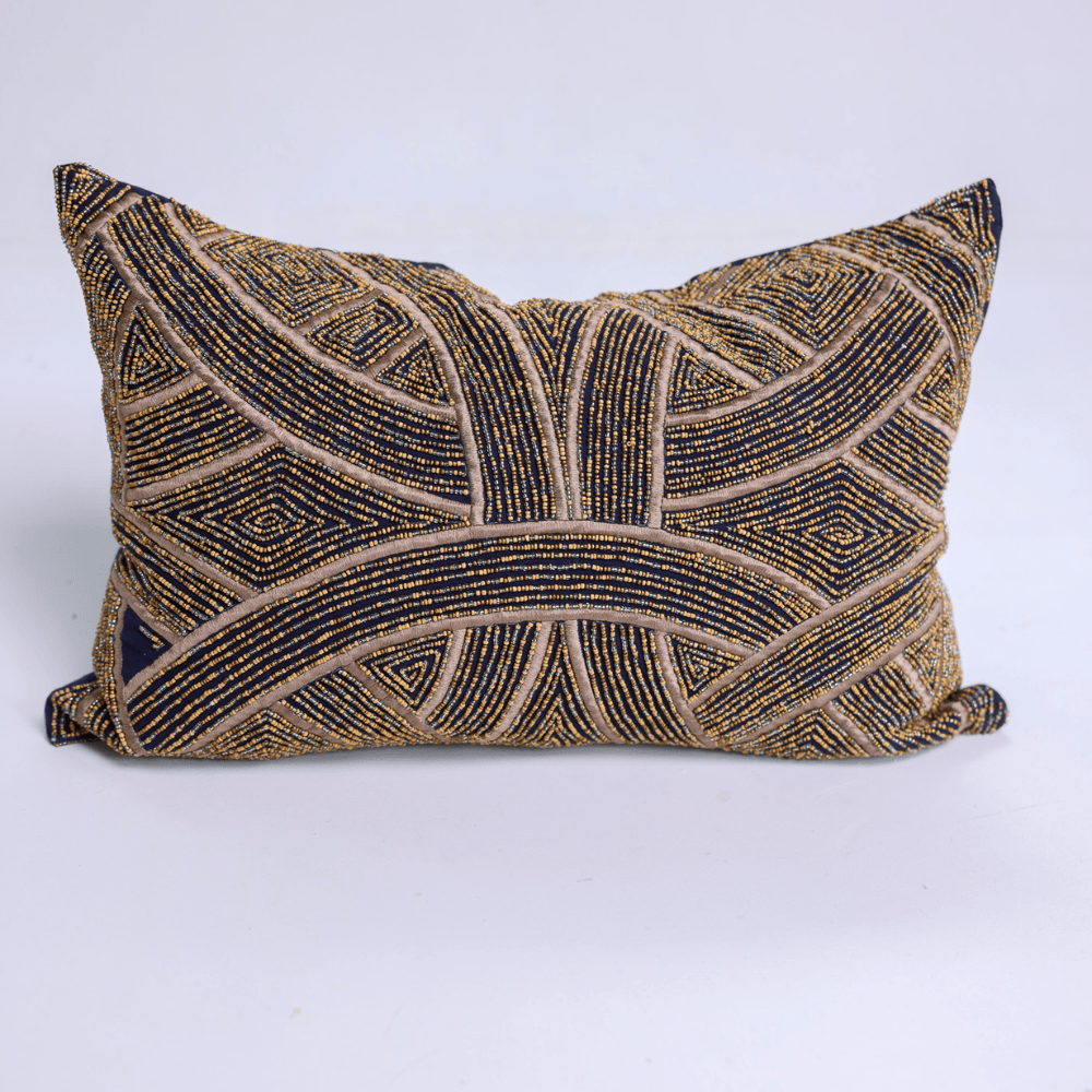 BHD HOME Lumbar Cushion Hand Beaded Arches Navy & Gold Lumbar Cushion 35 x 55cm