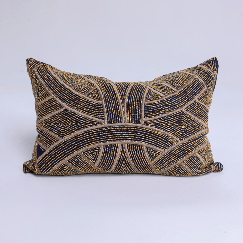 BHD HOME Lumbar Cushion Hand Beaded Arches Navy & Gold Lumbar Cushion 35 x 55cm