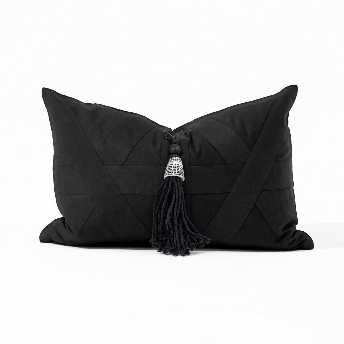 BHD HOME Lumbar Cushion Shell Junonia Black Tassel Black Handmade Shell Embellished Lumbar Cushion