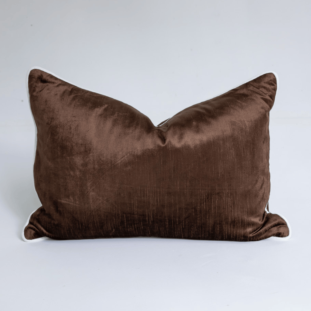 BHD HOME Lumbar Cushion Velvet Chocolate & White Piped Handmade Velvet Lumbar Cushion 40 x 60cm