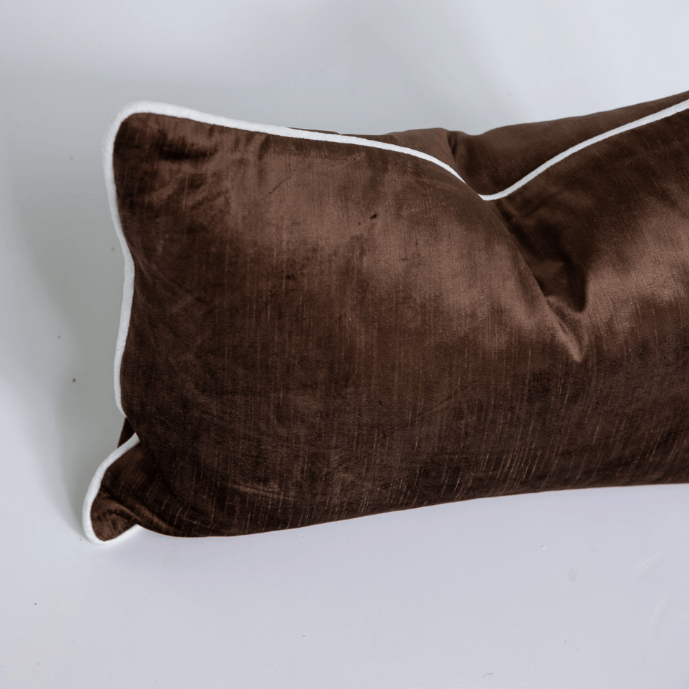 BHD HOME Lumbar Cushion Velvet Chocolate & White Piped Handmade Velvet Lumbar Cushion 40 x 60cm