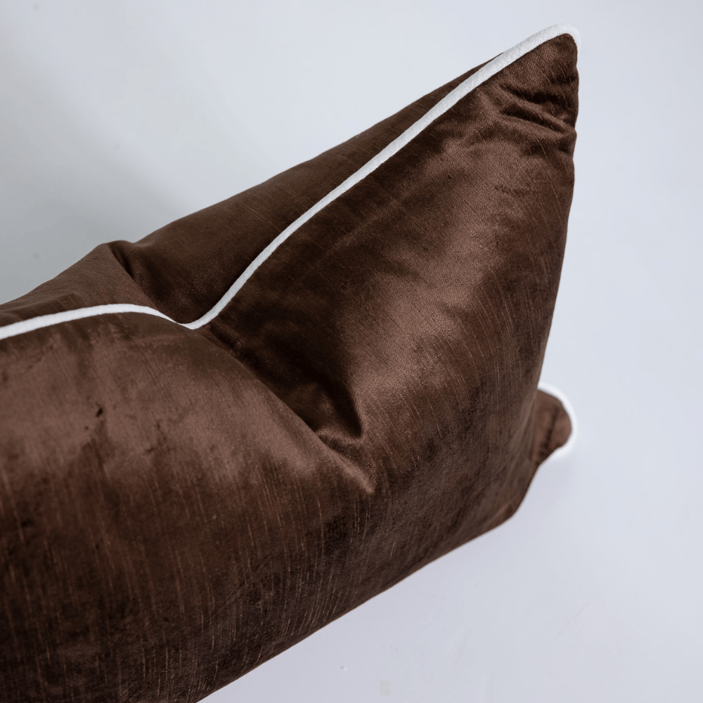 BHD HOME Lumbar Cushion Velvet Chocolate & White Piped Handmade Velvet Lumbar Cushion 40 x 60cm